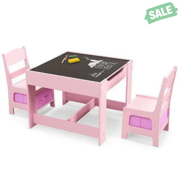 Kids Table Chairs Set With Storage Boxes Blackboard Whiteboard Drawing-Natural Natural Kids Table & Chair Sets