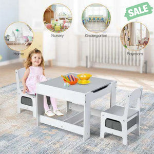 Kids Table Chairs Set With Storage Boxes Blackboard Whiteboard Drawing-Natural Natural Kids Table & Chair Sets