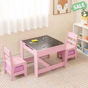 Kids Table Chairs Set With Storage Boxes Blackboard Whiteboard Drawing-Natural Natural Kids Table & Chair Sets