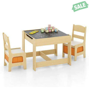 Kids Table Chairs Set With Storage Boxes Blackboard Whiteboard Drawing-Natural Natural Kids Table & Chair Sets