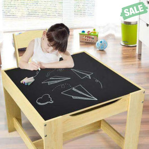 Kids Table Chairs Set With Storage Boxes Blackboard Whiteboard Drawing-Natural Natural Kids Table & Chair Sets