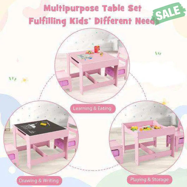 Kids Table Chairs Set With Storage Boxes Blackboard Whiteboard Drawing-Natural Natural Kids Table & Chair Sets