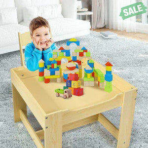Kids Table Chairs Set With Storage Boxes Blackboard Whiteboard Drawing-Natural Natural Kids Table & Chair Sets