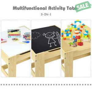 Kids Table Chairs Set With Storage Boxes Blackboard Whiteboard Drawing-Natural Natural Kids Table & Chair Sets