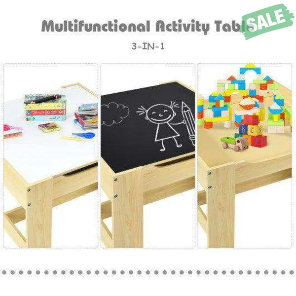 Kids Table Chairs Set With Storage Boxes Blackboard Whiteboard Drawing-Natural Natural Kids Table & Chair Sets