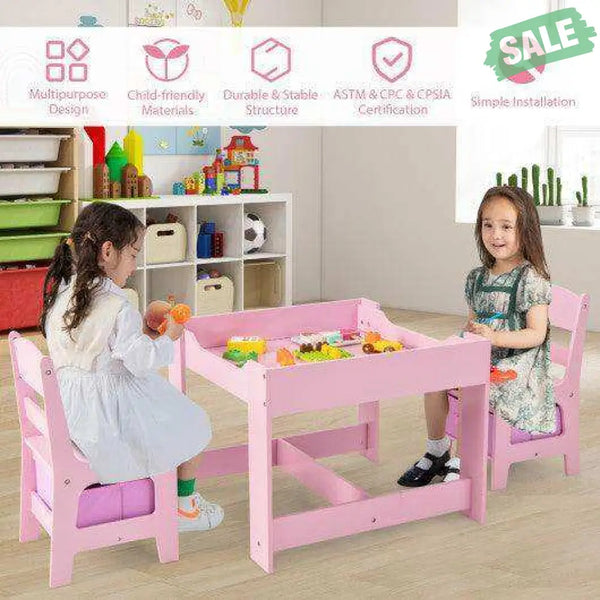 Kids Table Chairs Set With Storage Boxes Blackboard Whiteboard Drawing-Natural Natural Kids Table & Chair Sets