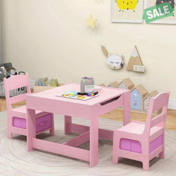 Kids Table Chairs Set With Storage Boxes Blackboard Whiteboard Drawing-Natural Natural Kids Table & Chair Sets