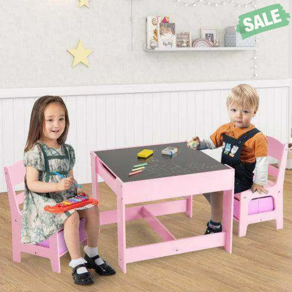 Kids Table Chairs Set With Storage Boxes Blackboard Whiteboard Drawing-Natural Natural Kids Table & Chair Sets