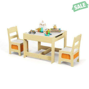 Kids Table Chairs Set With Storage Boxes Blackboard Whiteboard Drawing-Natural Natural Kids Table & Chair Sets