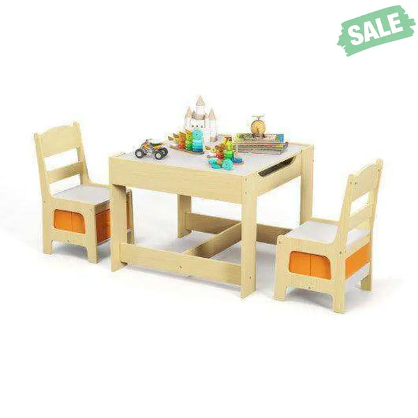Kids Table Chairs Set With Storage Boxes Blackboard Whiteboard Drawing-Natural Natural Kids Table & Chair Sets