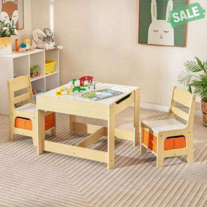 Kids Table Chairs Set With Storage Boxes Blackboard Whiteboard Drawing-Natural Natural Kids Table & Chair Sets