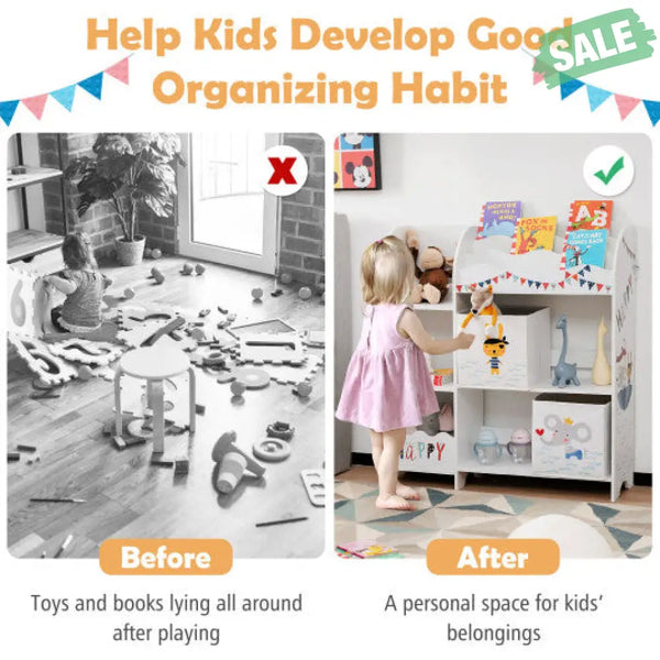 Kids Toy and Book Organizer Children Wooden Storage Cabinet with Storage Bins White3 Kids Storage