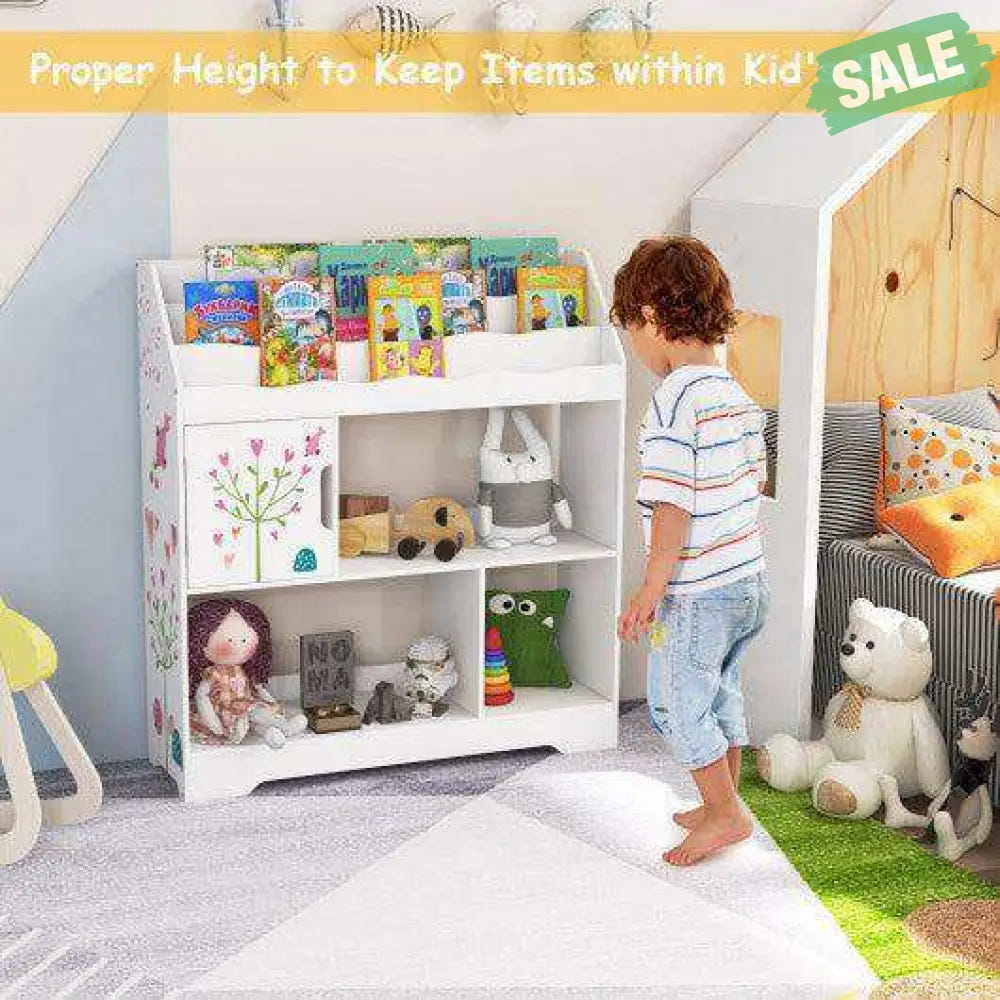 Kids Toy Storage Organizer with Book Shelf and Storage Cabinet-White White Kids Storage