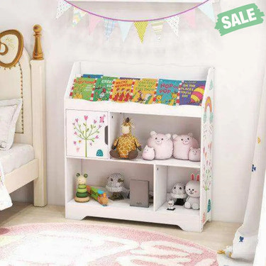 Kids Toy Storage Organizer with Book Shelf and Storage Cabinet-White White Kids Storage