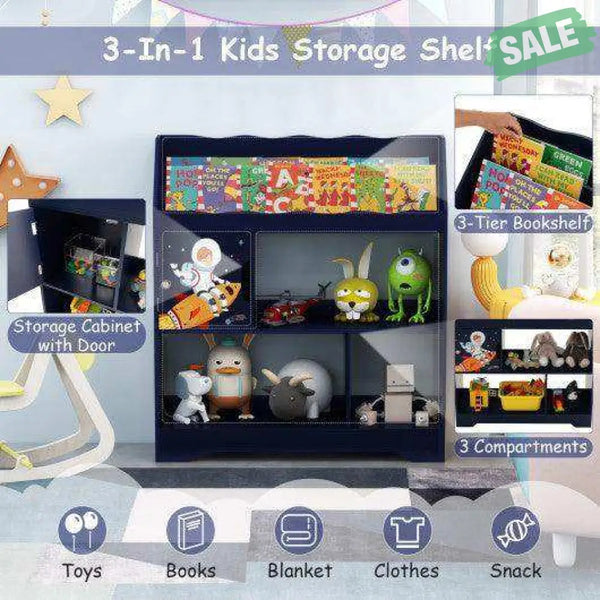 Kids Toy Storage Organizer with Book Shelf and Storage Cabinet-White White Kids Storage