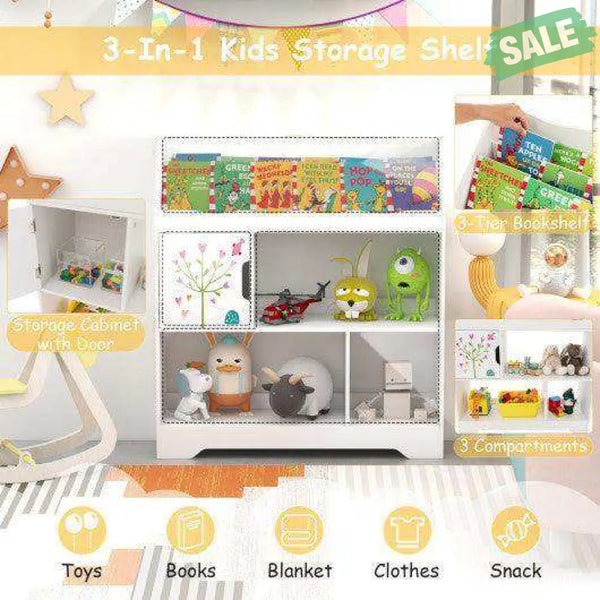 Kids Toy Storage Organizer with Book Shelf and Storage Cabinet-White White Kids Storage