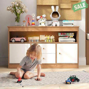 Kids Toy Storage Organizer with Open Shelf and 2 Drawers for Playroom-Natural