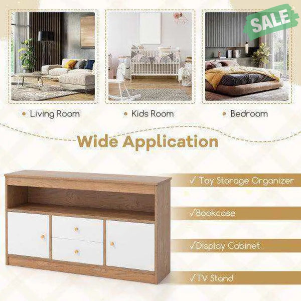 Kids Toy Storage Organizer with Open Shelf and 2 Drawers for Playroom-Natural