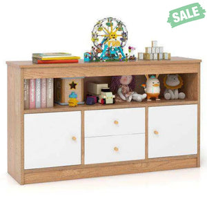 Kids Toy Storage Organizer with Open Shelf and 2 Drawers for Playroom-Natural