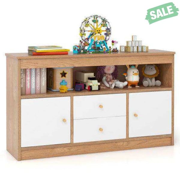 Kids Toy Storage Organizer with Open Shelf and 2 Drawers for Playroom-Natural