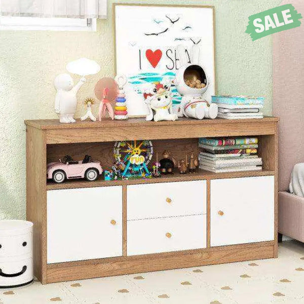 Kids Toy Storage Organizer with Open Shelf and 2 Drawers for Playroom-Natural
