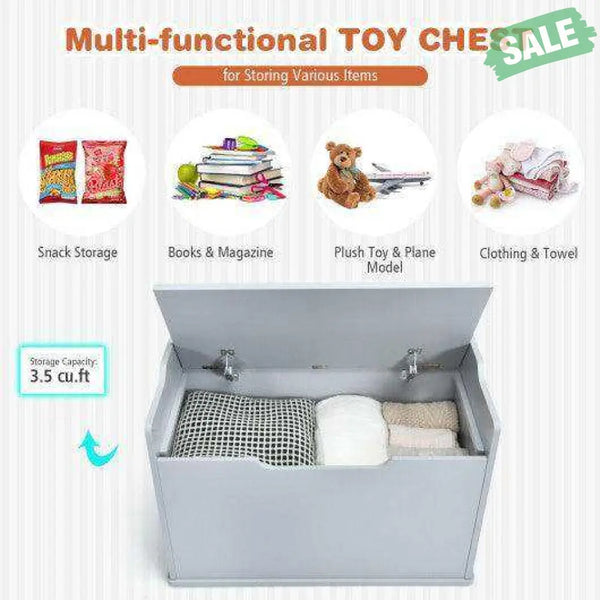 Kids Toy Wooden Flip-top Storage Box Chest Bench with Cushion Hinge-Gray