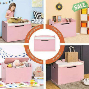 Kids Toy Wooden Flip-top Storage Box Chest Bench with Cushion Hinge-Pink