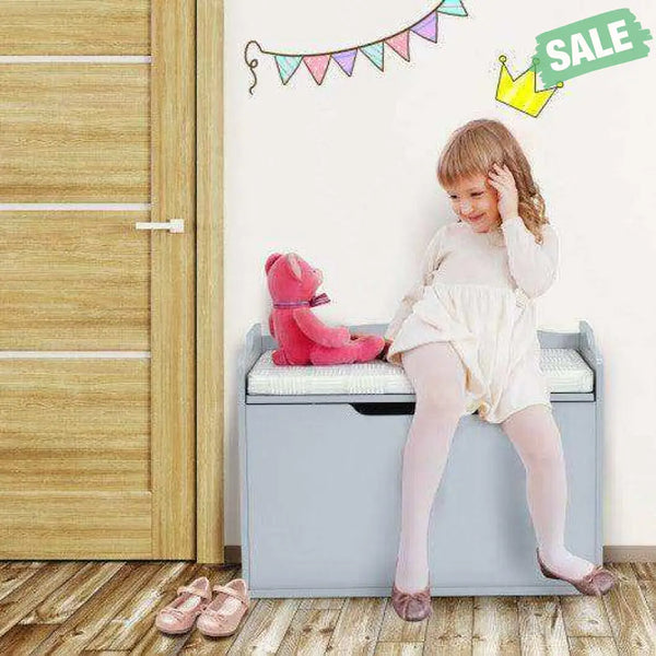 Kids Toy Wooden Flip-top Storage Box Chest Bench with Cushion Hinge-Gray