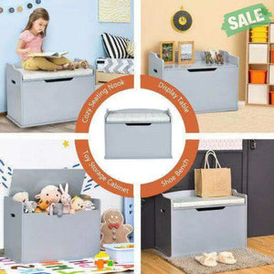Kids Toy Wooden Flip-top Storage Box Chest Bench with Cushion Hinge-Gray