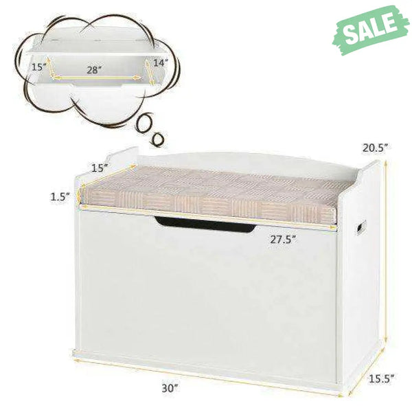 Kids Toy Wooden Flip-top Storage Box Chest Bench with Cushion Hinge-White White Kids Storage
