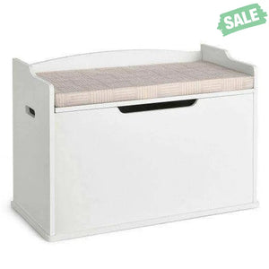Kids Toy Wooden Flip-top Storage Box Chest Bench with Cushion Hinge-White White Kids Storage