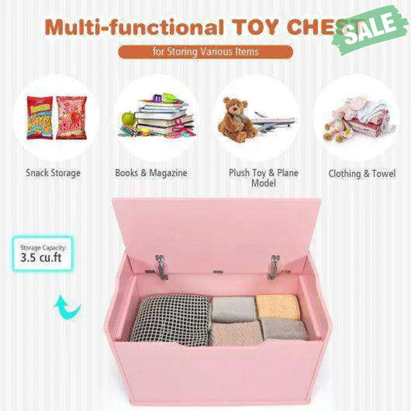 Kids Toy Wooden Flip-top Storage Box Chest Bench with Cushion Hinge-White White Kids Storage