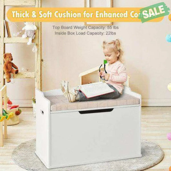 Kids Toy Wooden Flip-top Storage Box Chest Bench with Cushion Hinge-White White Kids Storage