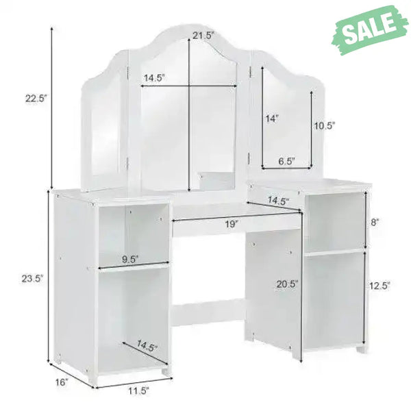 Kids Tri Folding Mirror Makeup Dressing Vanity Table Set-White White Kids Vanities