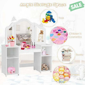 Kids Tri Folding Mirror Makeup Dressing Vanity Table Set-White White Kids Vanities