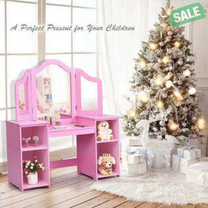 Kids Tri Folding Mirror Makeup Dressing Vanity Table Set-White White Kids Vanities
