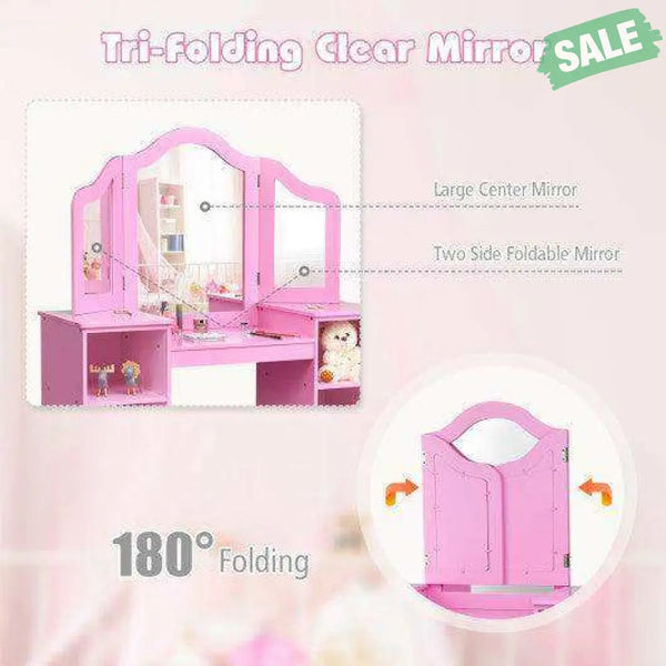 Kids Tri Folding Mirror Makeup Dressing Vanity Table Set-White White Kids Vanities