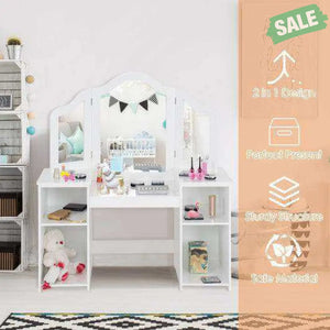 Kids Tri Folding Mirror Makeup Dressing Vanity Table Set-White White Kids Vanities