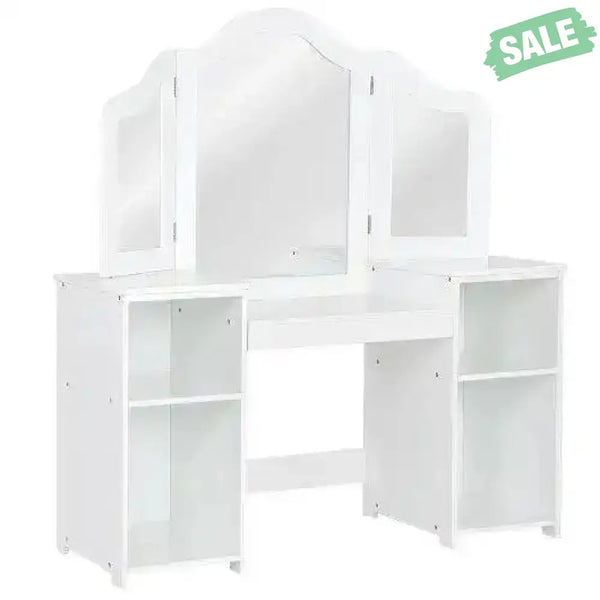 Kids Tri Folding Mirror Makeup Dressing Vanity Table Set-White White Kids Vanities