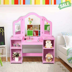 Kids Tri Folding Mirror Makeup Dressing Vanity Table Set-White White Kids Vanities