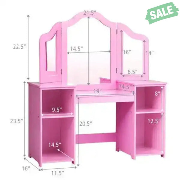 Kids Tri Folding Mirror Makeup Dressing Vanity Table Set-White White Kids Vanities