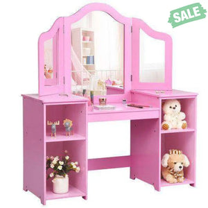 Kids Tri Folding Mirror Makeup Dressing Vanity Table Set-White White Kids Vanities