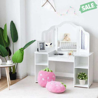 Kids Tri Folding Mirror Makeup Dressing Vanity Table Set-White White Kids Vanities