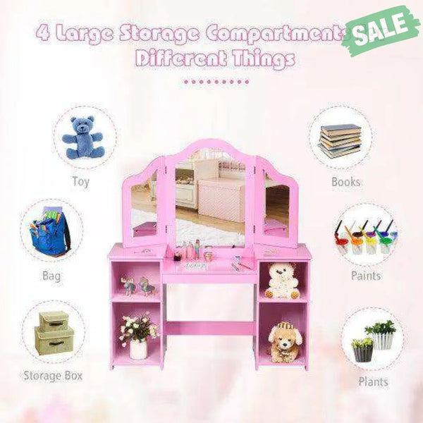 Kids Tri Folding Mirror Makeup Dressing Vanity Table Set-White White Kids Vanities