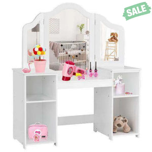 Kids Tri Folding Mirror Makeup Dressing Vanity Table Set-White White Kids Vanities