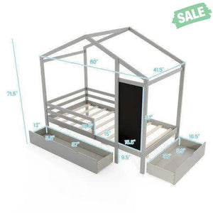 Kids Twin Size Bed with 2 Drawers Solid Wood Bed with Blackboard-Gray Gray Toddler Beds