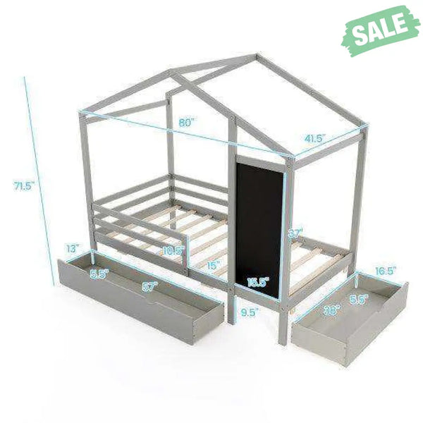 Kids Twin Size Bed with 2 Drawers Solid Wood Bed with Blackboard-Gray Gray Toddler Beds