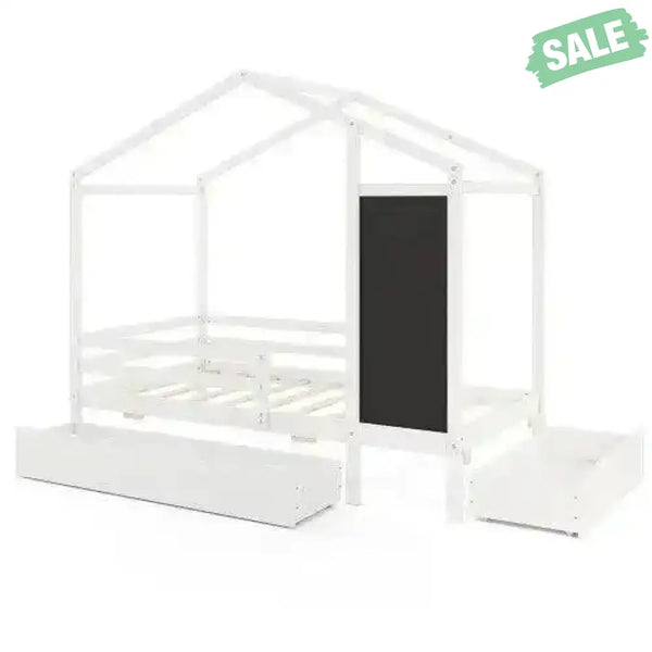 Kids Twin Size Bed with 2 Drawers Solid Wood Bed with Blackboard-Gray Gray Toddler Beds