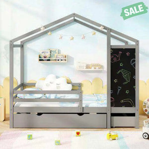 Kids Twin Size Bed with 2 Drawers Solid Wood Bed with Blackboard-Gray Gray Toddler Beds