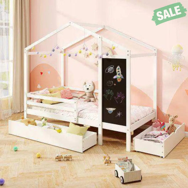 Kids Twin Size Bed with 2 Drawers Solid Wood Bed with Blackboard-Gray Gray Toddler Beds